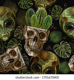 Human skull, cactus and aliens heads  seamless pattern. UFO art. Paleocontact concept. Embroidery mexican ethnic style. Template for clothes, textiles, t-shirt design 