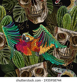 Human skull, cactus and flying colorful parrot. Embroidery. Ancient treasures in the jungle.  Seamless pattern. Template for clothes, textiles, t-shirt design 