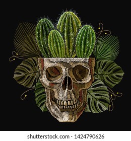 Human skull, cactus and palm leaves. Embroidery. Ancient treasures in the jungle art. Template for clothes, textiles, t-shirt design   