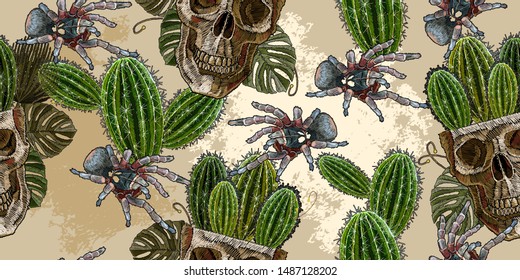 Human skull, cactus and spider tarantula horizontal seamless pattern. Embroidery mexican style. Ancient treasures in the jungle art. Gothic halloween template for clothes, textiles, t-shirt design 