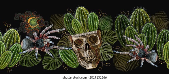 Human skull, cactus and spider tarantula seamless patteern. Embroidery. Gothic halloween template for clothes, textiles, t-shirt design. Ancient treasures in the jungle art 