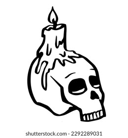 Human skull and candle. Hand drawn black line art vector illustration. Death symbol. Doodle skull skeleton for halloween, pirate, archaeological, magic, alchemy poster, book, game, web design