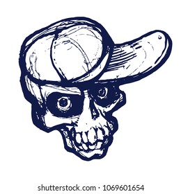 Human Skull in cap grunge sketch vector illustration isolated on white background