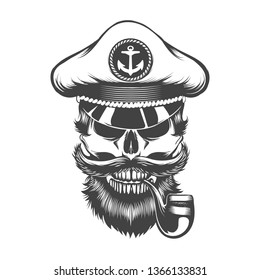 Human Skull in Captain Hat with with beard mustache and Smoking Pipe. Vector illustration.