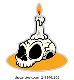 Human Skull cartoon characters with burning candle on it. Best for sticker, logo, decoration, and mascot with halloween themes