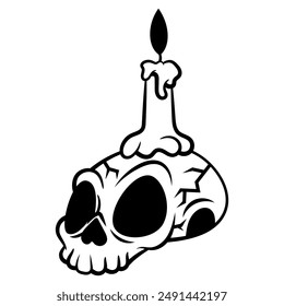 Human Skull cartoon characters with burning candle on it. Best for outline, logo, decoration, and coloring book with halloween themes