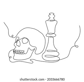 Human skull with chess king one line set art. Continuous line drawing of skeleton and chess piece.