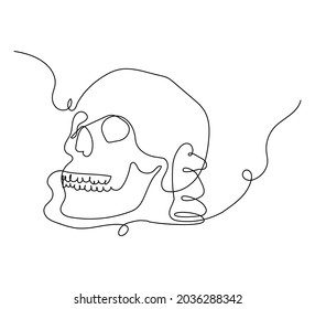 Human skull with chess knight one line set art. Continuous line drawing of skeleton and chess piece.