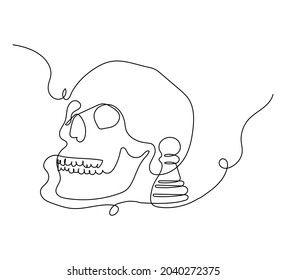 Calavera humana con peón de ajedrez, arte de una línea. Dibujo continuo de esqueleto y ajedrez.