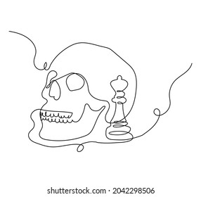 Human skull with chess queen one line set art. Continuous line drawing of skeleton and chess piece.