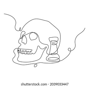 Human skull with chess rook one line set art. Continuous line drawing of skeleton and chess piece.