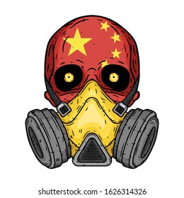 Human skull with Chinese flag and respirator isolated on white background