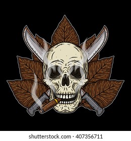 Human skull with a cigar. Cartoon skull