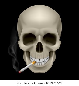 Human Skull with a cigarette. Illustration on black background