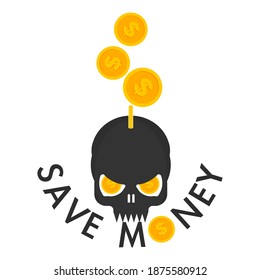 Human skull with coins. Concept of fraudulent money saving schemes. Flat style illustration. 