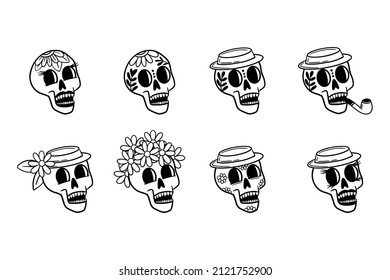 Human skull collection on white background. Vector graphic illustration. Isolated vector set.