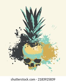 human skull with color spots and splashes with pineapple leaves. Graphic print for clothes, fabric, wallpaper, wrapping paper, design element for halloween party