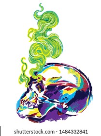 Human skull, colorful drawing, sketch. Skull, death, magic.