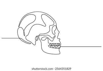 Human skull continuous one line drawing, Continuous one line drawing of human skull, Human scull. One line continuous Halloween skull isolated