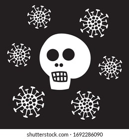 Human skull and coronavirus molecule / bacteria 2019-ncov on the black background. Symbol of the danger of the virus. Vector art graphic.