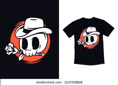 Human skull with cowboyhat and rose flower illustration for t shirt design