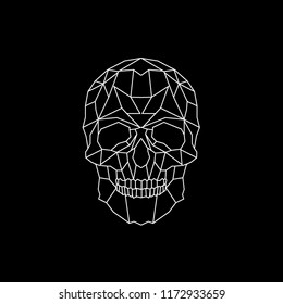 Human skull, cranium, abstract polygonal lines design on black background