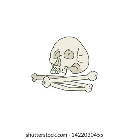 Human skull or cranium and pile of bones in sketch style, vector illustration isolated on white background. Typical attribute of Halloween, remains of human head