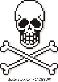 Human skull with cross bones composed by pixels.
