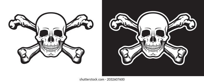 Human skull and crossbones. Black and white vector Illustration with anatomical proportions, isolated on white and black background.