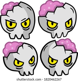 Human skull and crossbones. Dead man head. Pirate flag Jolly Roger. Funny cartoon flat illustration. Set of symbol of robbers and Halloween. Zombie brain