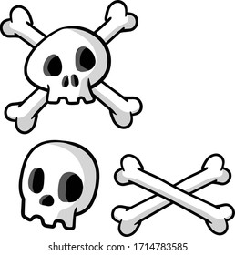 Human skull and crossbones. Dead man's head. Pirate flag Jolly Roger. Funny cartoon flat illustration. Set of symbol of robbers and Halloween