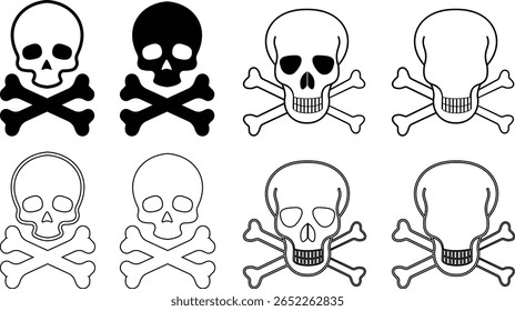 Crânio humano e ossos cruzados. Morte, perigo ou símbolo de veneno. Icone de ilustração de vetor de conceito de estilo plano definido para sinal, aplicativos e sites ilustração médica, silhueta isolada no fundo branco.