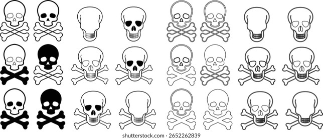 Crânio humano e ossos cruzados. Morte, perigo ou símbolo de veneno. Icone de ilustração de vetor de conceito de estilo plano definido para sinal, aplicativos e sites ilustração médica, silhueta isolada no fundo branco.