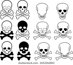 Crânio humano e ossos cruzados. Morte, perigo ou símbolo de veneno. Icone de ilustração de vetor de conceito de estilo plano definido para sinal, aplicativos e sites ilustração médica, silhueta isolada no fundo branco.