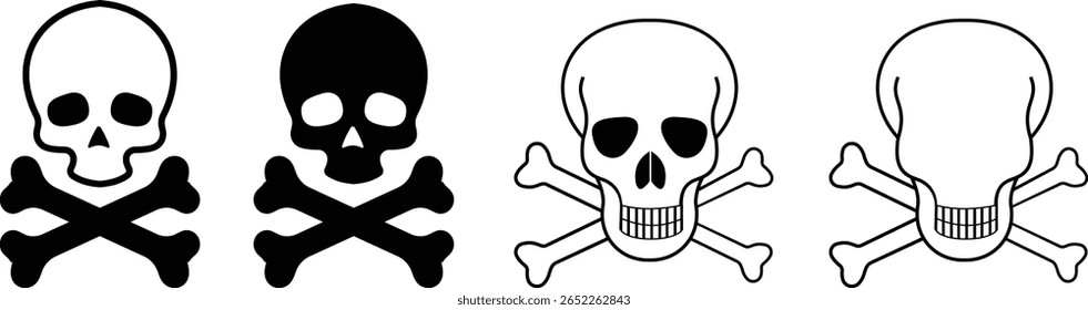 Crânio humano e ossos cruzados. Morte, perigo ou símbolo de veneno. Icone de ilustração de vetor de conceito de estilo plano definido para sinal, aplicativos e sites ilustração médica, silhueta isolada no fundo branco.