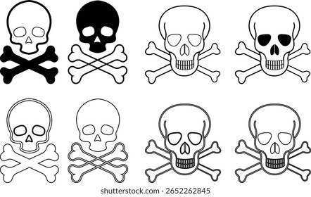 Crânio humano e ossos cruzados. Morte, perigo ou símbolo de veneno. Icone de ilustração de vetor de conceito de estilo plano definido para sinal, aplicativos e sites ilustração médica, silhueta isolada no fundo branco.