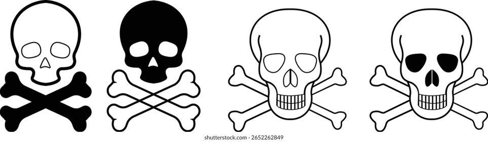 Crânio humano e ossos cruzados. Morte, perigo ou símbolo de veneno. Icone de ilustração de vetor de conceito de estilo plano definido para sinal, aplicativos e sites ilustração médica, silhueta isolada no fundo branco.