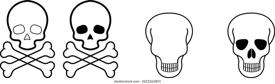 Crânio humano e ossos cruzados. Morte, perigo ou símbolo de veneno. Icone de ilustração de vetor de conceito de estilo plano definido para sinal, aplicativos e sites ilustração médica, silhueta isolada no fundo branco.