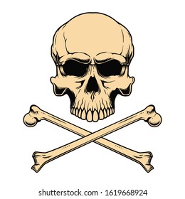 Human skull with crossbones. Design element for poster, card, banner, sign. Vector illustration