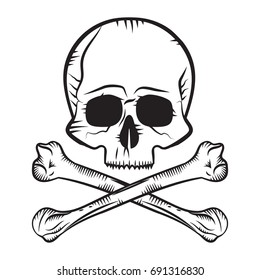 human skull and crossbones drawing like a pirates jolly roger or danger sign.  For signage, prints and stamps