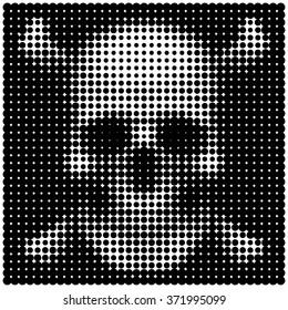 Human skull and crossbones in halftone dots style Pirates jolly roger flag Sign of poison or danger Vector isolated object for design, icons, user picture, avatars, t shirt, logo, tattoo or other 