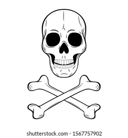 Human skull and crossbones. Pirate flag. Jolly Roger. Drawn by hand. Vector illustration isolated on a white background. Coloring page book. Graphic sketch