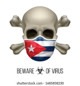 Human Skull with Crossbones and Surgical Mask in the Color of National Flag Cuba. Mask in Form of the Cuban Flag and Skull as Concept of Dire Warning that the Viral Disease Can be Fatal