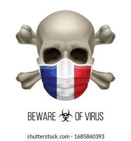 Human Skull with Crossbones and Surgical Mask in the Color of National Flag France. Mask in Form of the French Flag and Skull as Concept of Dire Warning that the Viral Disease Can be Fatal
