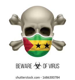 Human Skull with Crossbones and Surgical Mask in the Color of National Flag Sao Tome and Principe. Mask in Form of the Flag and Skull as Concept of Dire Warning that the Viral Disease Can be Fatal.
