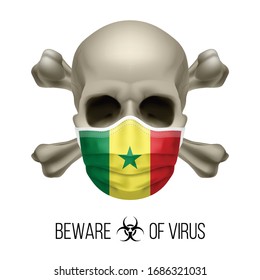 Human Skull with Crossbones and Surgical Mask in the Color of National Flag Senegal. Mask in Form of the Senegalese Flag and Skull as Concept of Dire Warning that the Viral Disease Can be Fatal