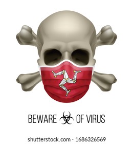 Human Skull with Crossbones and Surgical Mask in the Color of National Flag Isle of Man. Mask in Form of the Flag and Skull as Concept of Dire Warning that the Viral Disease Can be Fatal.