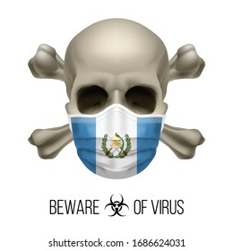 Human Skull with Crossbones and Surgical Mask in the Color of National Flag Guatemala. Mask in Form of the Guatemalan Flag and Skull as Concept of Dire Warning that the Viral Disease Can be Fatal