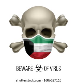Human Skull with Crossbones and Surgical Mask in the Color of National Flag Kuwait. Mask in Form of the Kuwaiti Flag and Skull as Concept of Dire Warning that the Viral Disease Can be Fatal