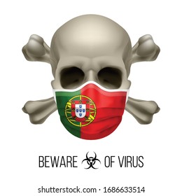 Human Skull with Crossbones and Surgical Mask in the Color of National Flag Portugal. Mask in Form of the Portuguese Flag and Skull as Concept of Dire Warning that the Viral Disease Can be Fatal